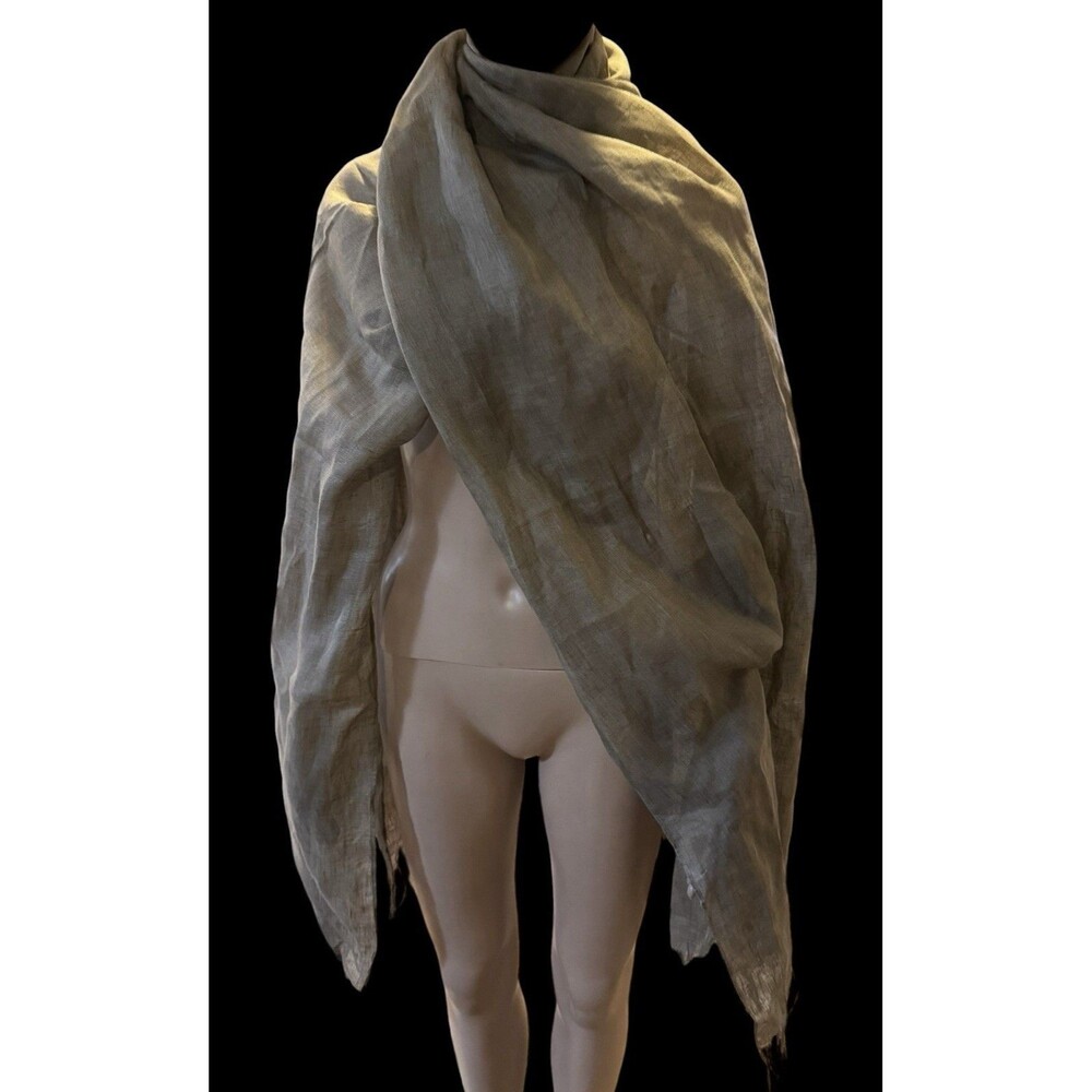 Vintage fringe stole shawl scarf in beige 100% Linen 94”x23”
